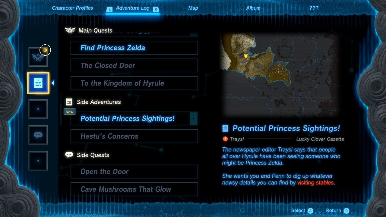 The Potential Princess Sightings side quest in the quest log