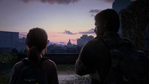 Joel and Ellie looking toward the Capitol Building