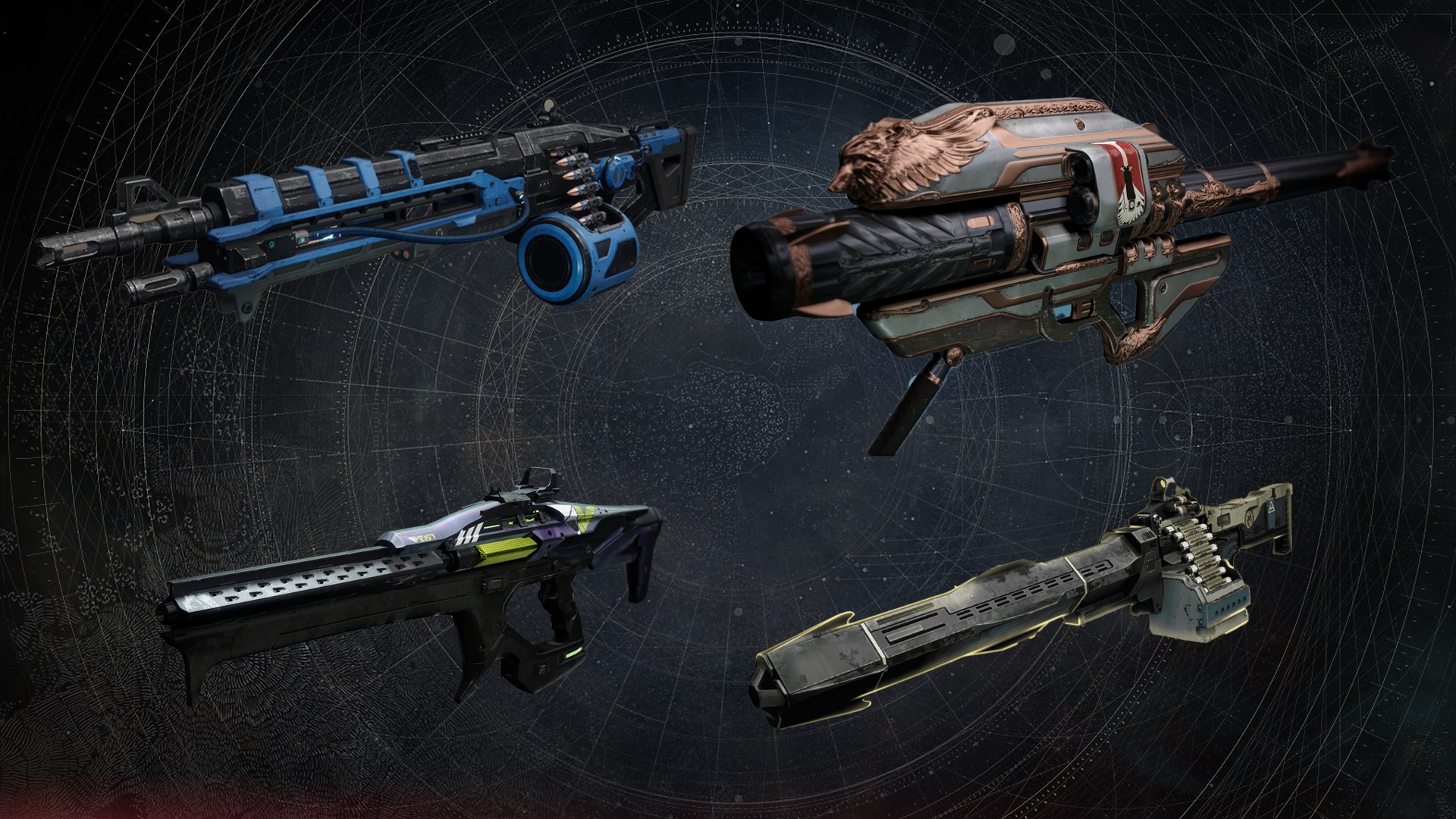 Four of the best PvE weapons in Destiny 2, the Thunderlord, Gjallarhorn, Taipan, and Xenophage