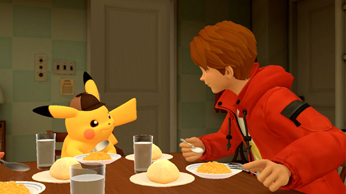 Detective Pikachu and his partner Harry having dinner in Detective Pikachu Returns.