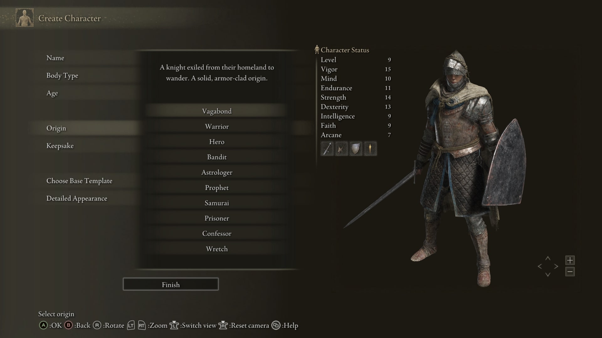 the starting Elden Ring Vagabond build stats