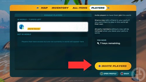 The multiplayer invite screen in LEGO Fortnite