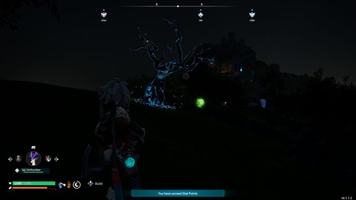 a lifmunk effigy glows at night under a blue glowing tree in palworld