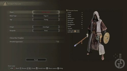 Screenshot showing Astrologer build stats in Elden Ring