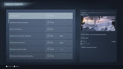 Image of the Replay Mission screen in Armored Core 6