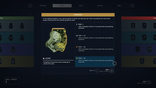 The persuasion skill tiers in Starfield