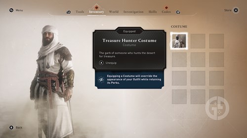 the Treasure Hunter Costume, the reward for collecting all of Dervis' Artifacts in AC Mirage