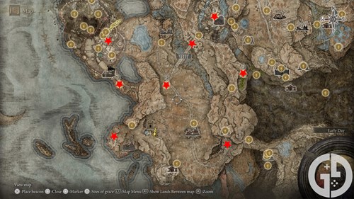 Map showing the Gravesite Plain Scadutree Fragments in Elden Ring Shadow of the Erdtree