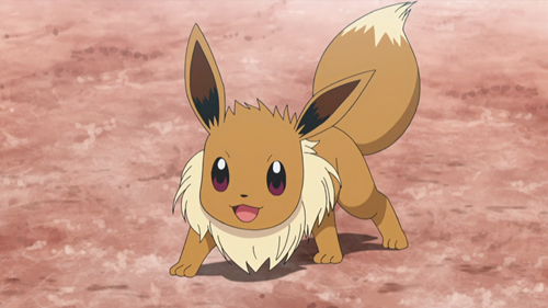 An Eevee ready to pounce in the Pokémon anime.