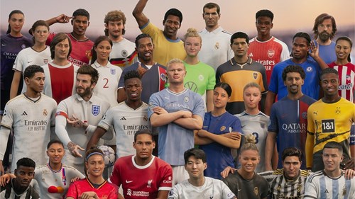 The key art for EA Sports FC 24, featuring a wall of football players.