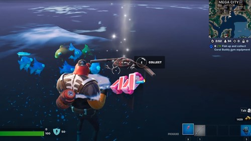 Collecting Coral Buddy gym equipment from a Fishing Spot in Fortnite