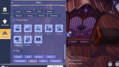 Disney Dreamlight Valley screenshot of the furniture filter mechanic