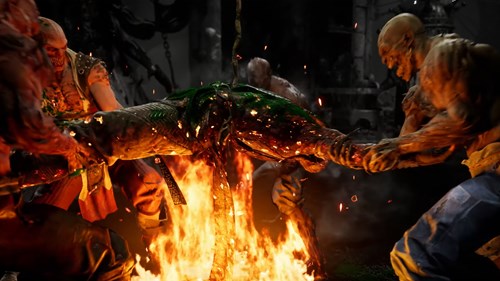 Baraka and his buddies barbeque Reptile in Mortal Kombat 1