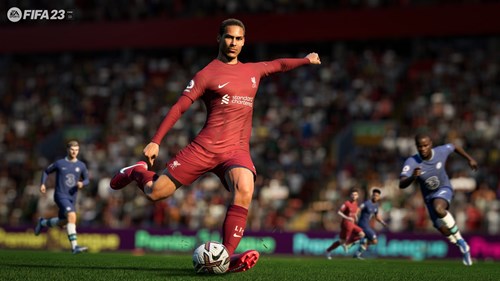 A player shooting for a goal in EA Sports FC 24.