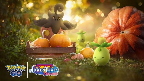 A Pumpkaboo of average size on the cover art for the Harvest Festival Collection Challenge in Pokemon GO