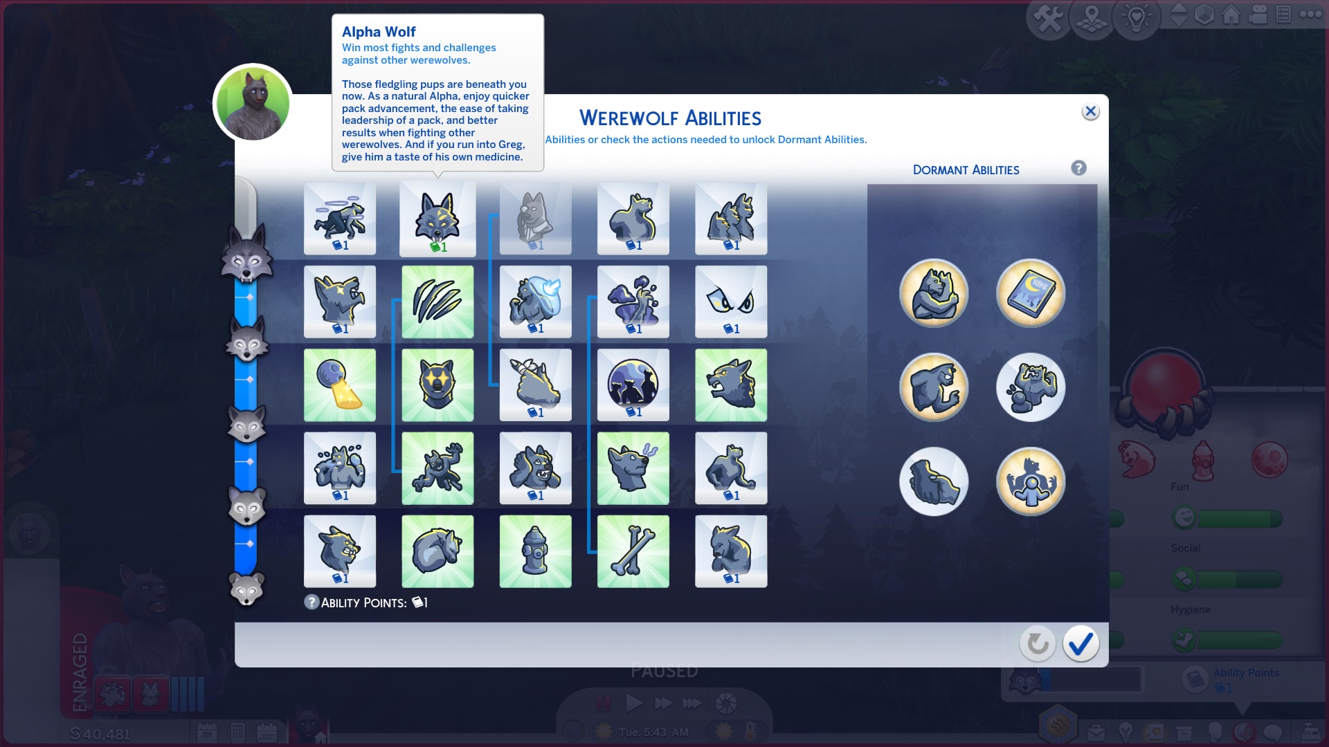 Werewolf abilities screen from The Sims 4 Werewolves