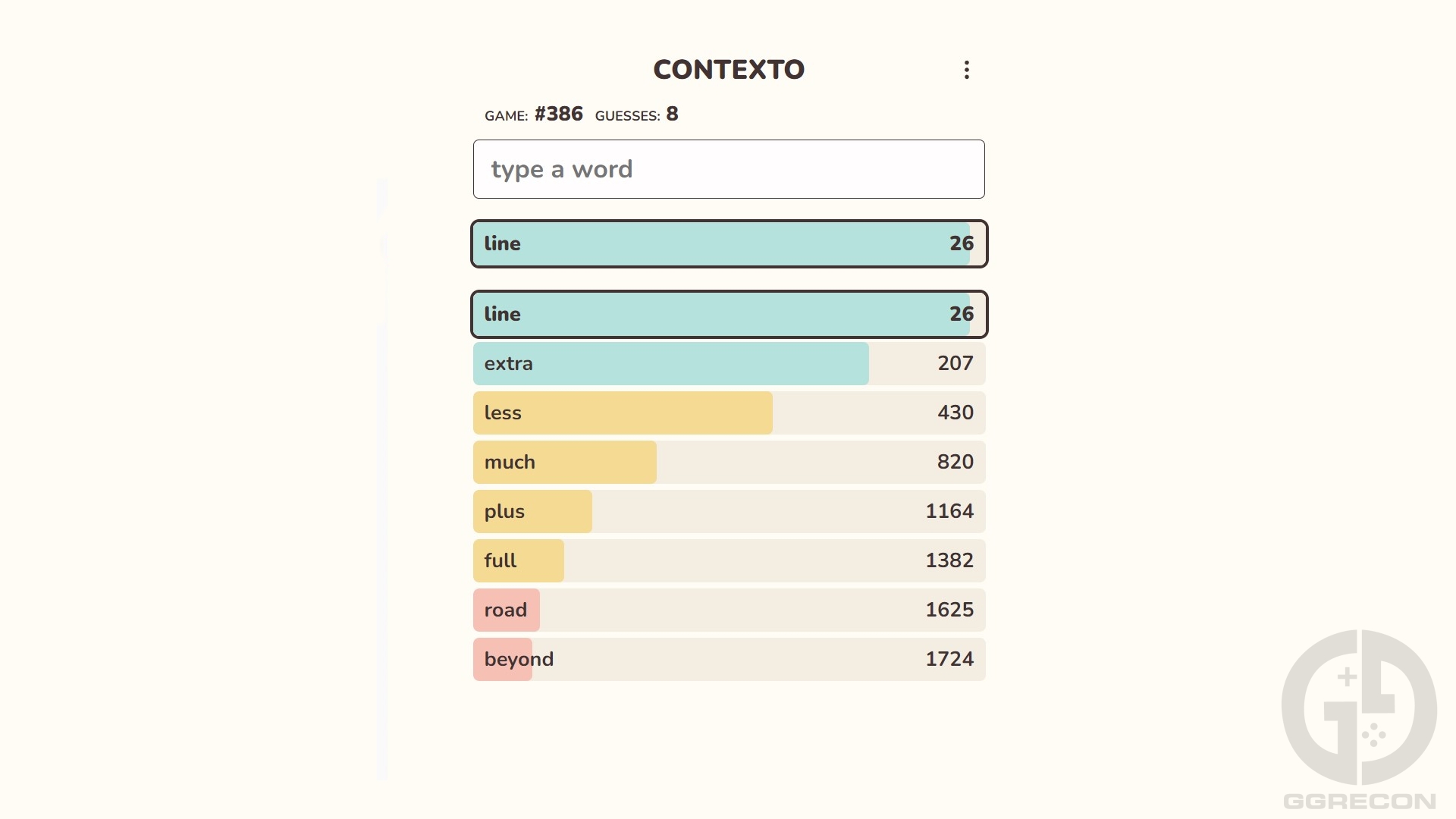 Image of different guesses in Contexto