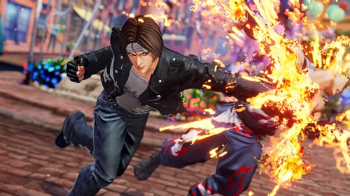 King of Fighters XV: Kyo delivering a fiery punch