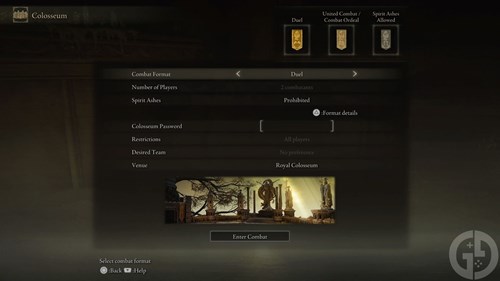 The menu to set combat parameters in Elden Ring's colosseum