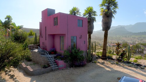 A pink house surrounds by palm trees.