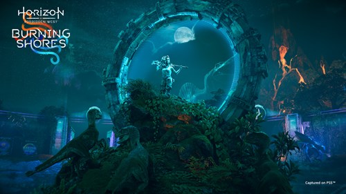 A ring statue and hologram with the backdrop of the Burning Shores