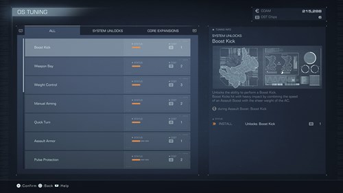 The OS upgrades list in Armored Core 6