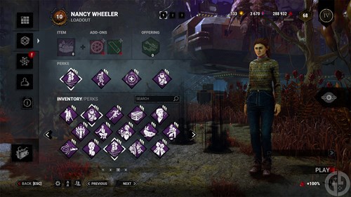 Screenshot from DbD showing some of the best Perks with Survivor Nancy Wheeler