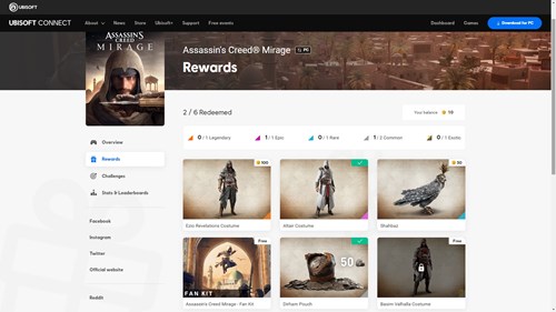 an image showing how to get the Ezio and Altair costumes in Assassin's Creed: Mirage using the Ubisoft Connect website