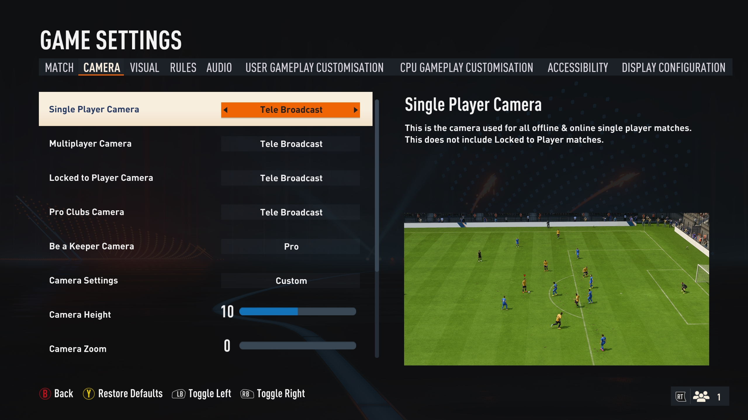 Screenshot of the camera settings menu in FIFA 23