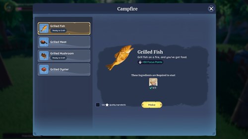 Screenshot of campfire recipes in Palia