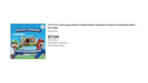 An eBay listing of Super Mario Oreos, with an asking price of $71.