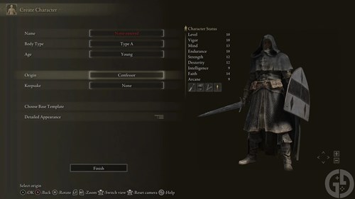 Screenshot showing the Confessor build starting stats in Elden Ring