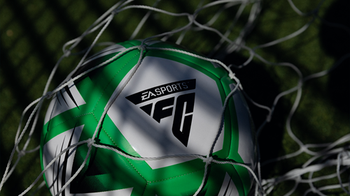 A football in the back of a net in EA Sports FC 24.