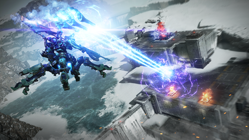 Armored Core 6 screenshot showing a 4-legged mech flying