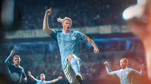 Erling Haaland celebrating a goal in EA Sports FC 24.