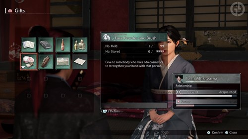 Giving one of the Rise of the Ronin romance options a gift to increase their Bond level & Favour