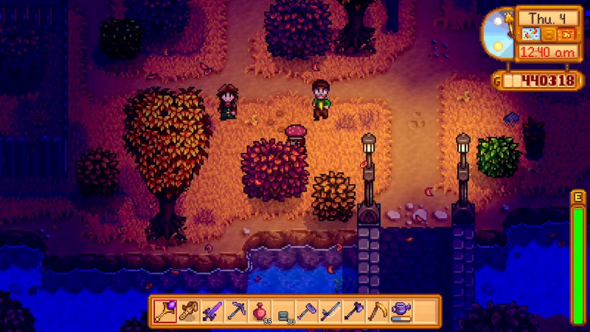 A night scene in Stardew Valley